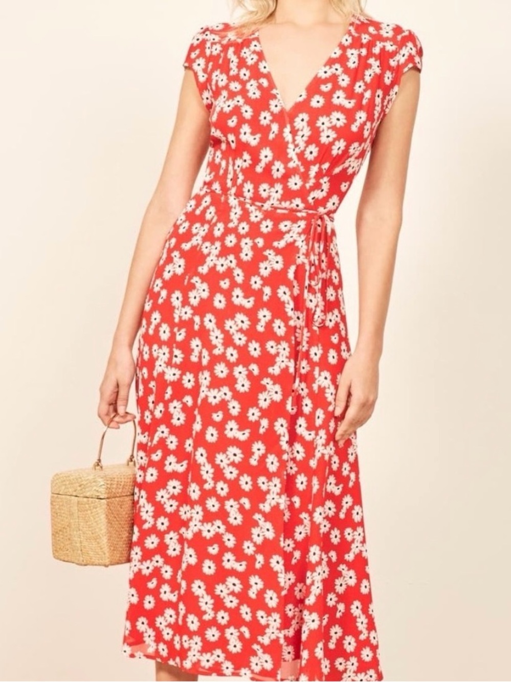 Reformation Red Floral Midi Wrap Dress